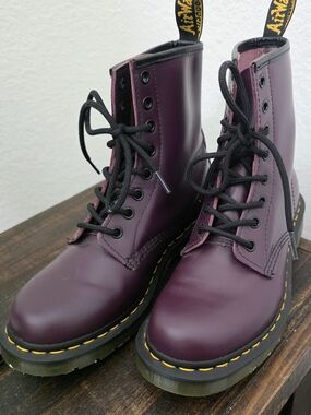 Dr. Martens Women’s Plum Lace-Up Combat Boots with Yellow Stitching